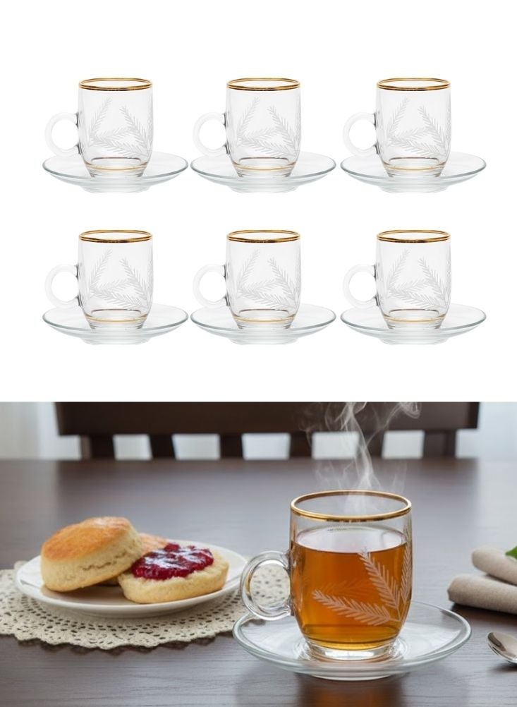 بريميم طقم فناجين شاي زجاجية بتصميم أوراق ذهبية مع صحون مكوّن من ست قطع - Image 1